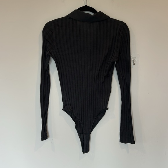 Vince Polo Ribbed Button Up Thong Bodysuit Black - Picture 7 of 9